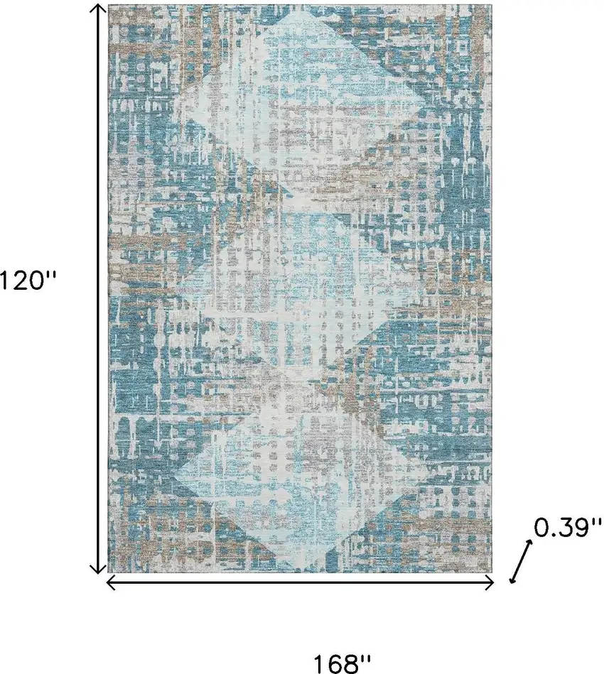 Teal And Beige Geometric Washable Area Rug With UV Protection Photo 9