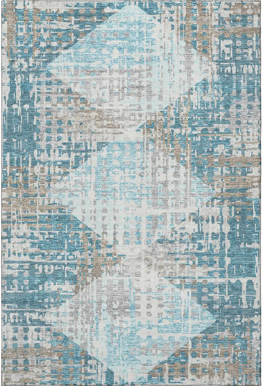 Teal And Beige Geometric Washable Area Rug With UV Protection Photo 4