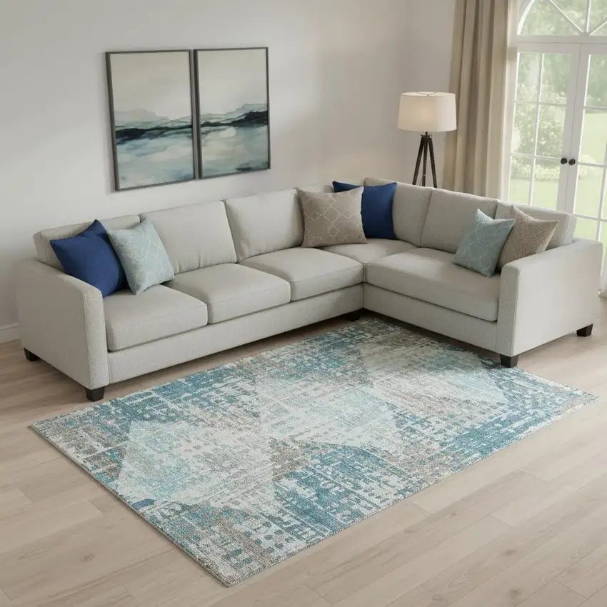 Teal And Beige Geometric Washable Area Rug With UV Protection Photo 2