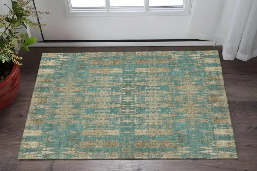Teal And Beige Moroccan Washable Area Rug With UV Protection Photo 2