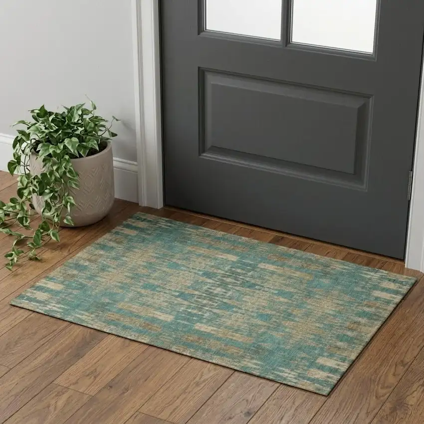 Teal And Beige Moroccan Washable Area Rug With UV Protection Photo 1