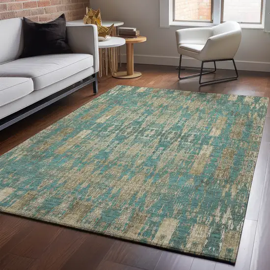 Teal And Beige Moroccan Washable Area Rug With UV Protection Photo 4