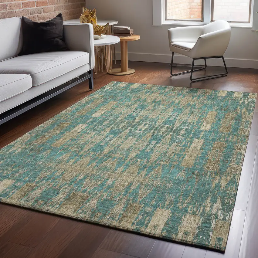 Teal And Beige Moroccan Washable Area Rug With UV Protection Photo 4