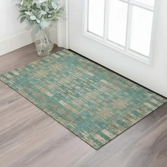 Teal And Beige Moroccan Washable Area Rug With UV Protection Photo 1