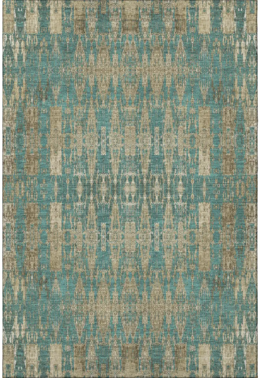 Teal And Beige Moroccan Washable Area Rug With UV Protection Photo 3