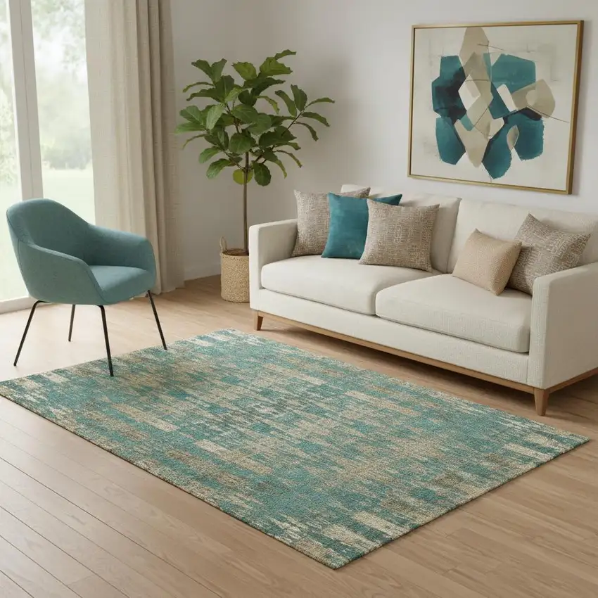 Teal And Beige Moroccan Washable Area Rug With UV Protection Photo 1