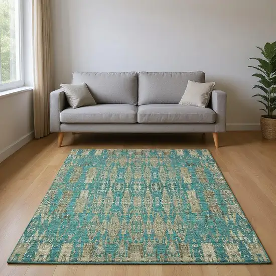 Teal And Beige Moroccan Washable Area Rug With UV Protection Photo 2