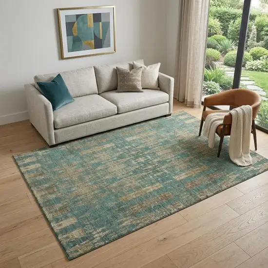 Teal And Beige Moroccan Washable Area Rug With UV Protection Photo 1