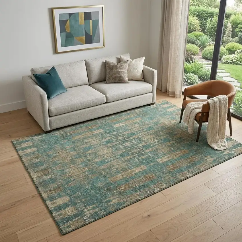 Teal And Beige Moroccan Washable Area Rug With UV Protection Photo 1
