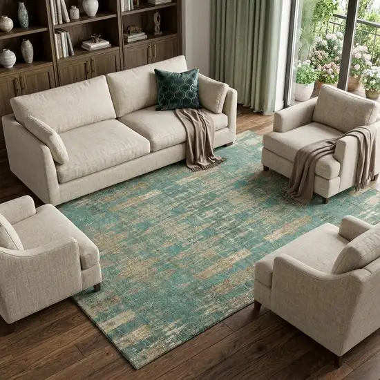 Teal And Beige Moroccan Washable Area Rug With UV Protection Photo 1