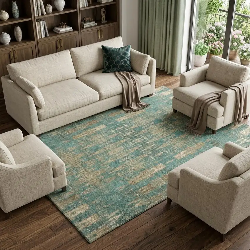 Teal And Beige Moroccan Washable Area Rug With UV Protection Photo 1