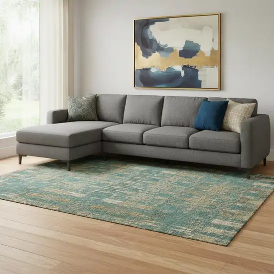Teal And Beige Moroccan Washable Area Rug With UV Protection Photo 1