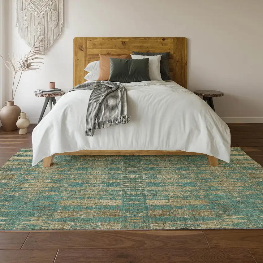 Teal And Beige Moroccan Washable Area Rug With UV Protection Photo 4