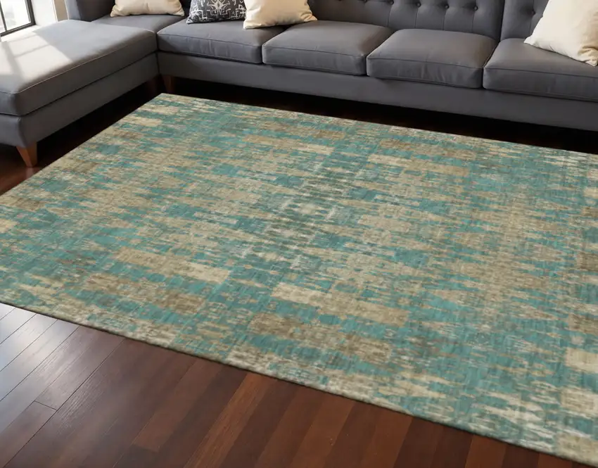 Teal And Beige Moroccan Washable Area Rug With UV Protection Photo 2