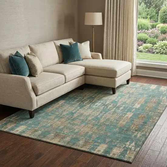 Teal And Beige Moroccan Washable Area Rug With UV Protection Photo 1