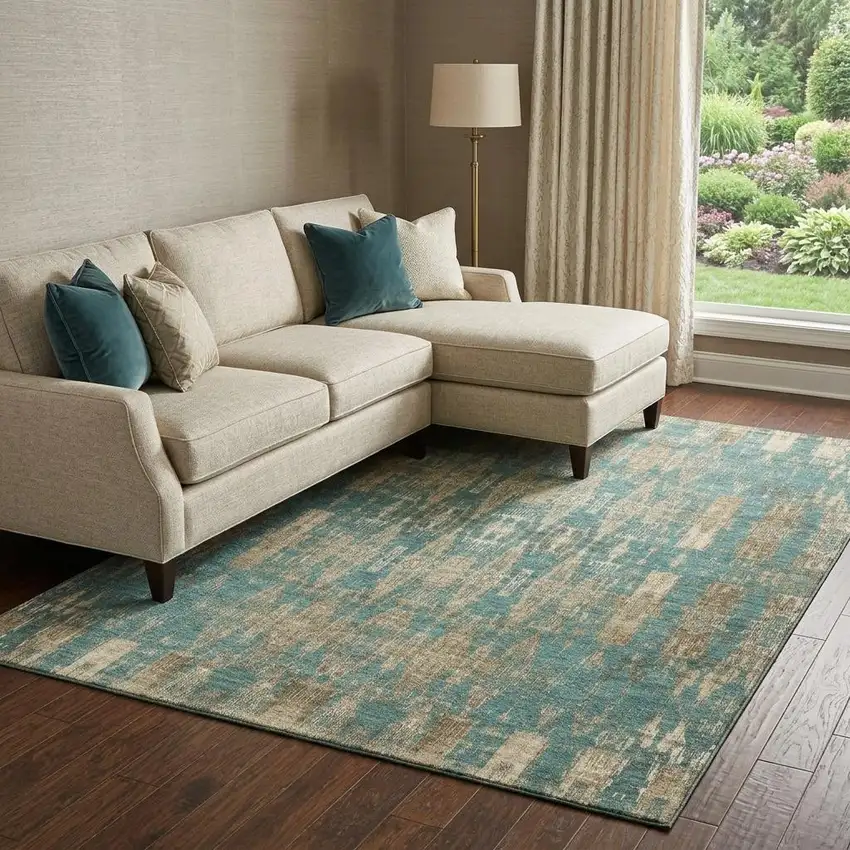 Teal And Beige Moroccan Washable Area Rug With UV Protection Photo 1