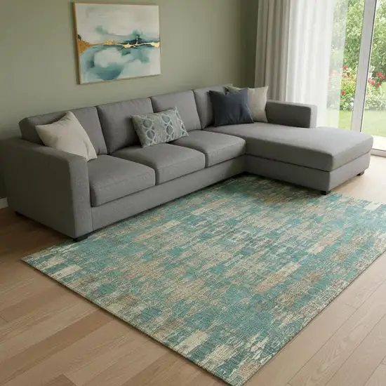 Teal And Beige Moroccan Washable Area Rug With UV Protection Photo 1