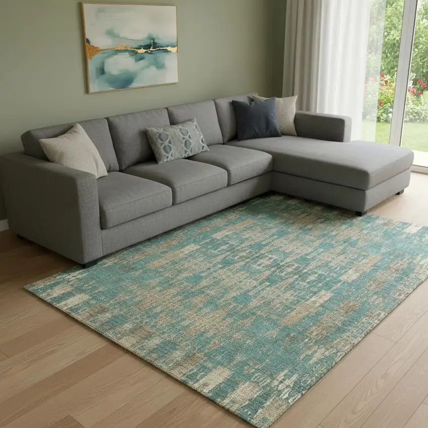 Teal And Beige Moroccan Washable Area Rug With UV Protection Photo 1