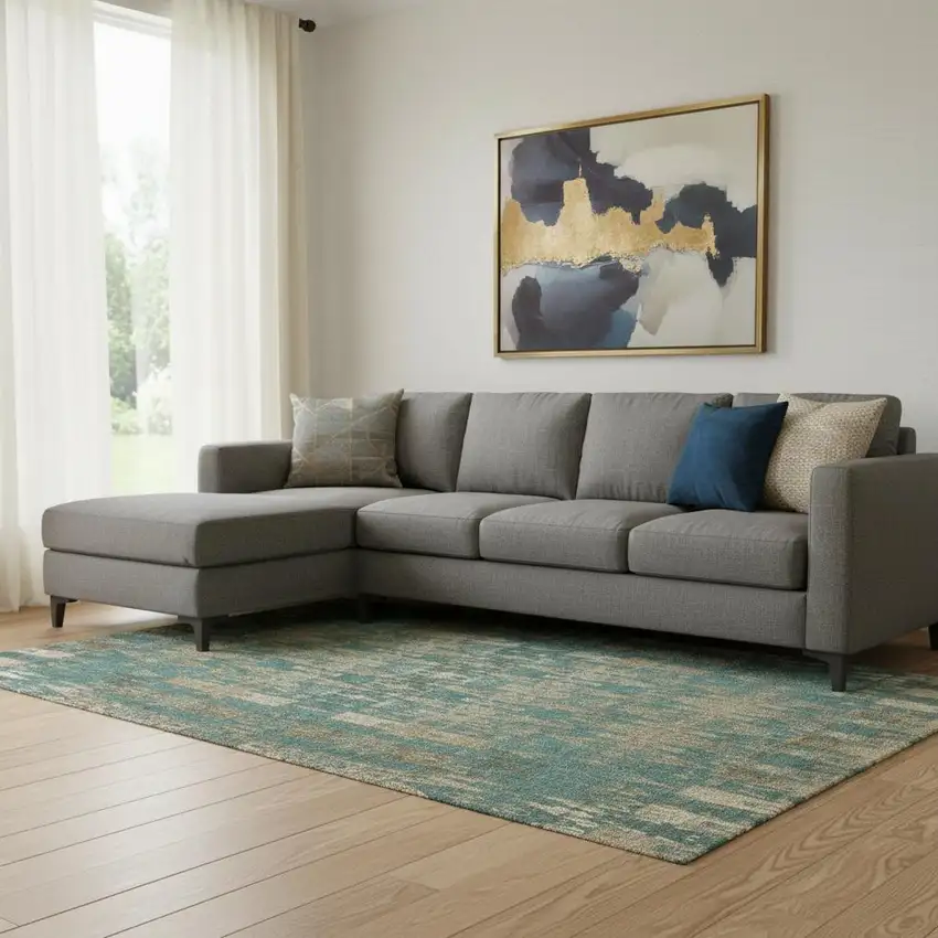 Teal And Beige Moroccan Washable Area Rug With UV Protection Photo 1