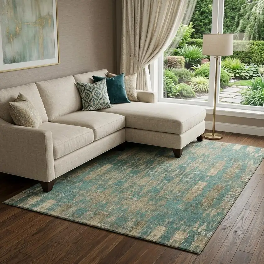 Teal And Beige Moroccan Washable Area Rug With UV Protection Photo 1