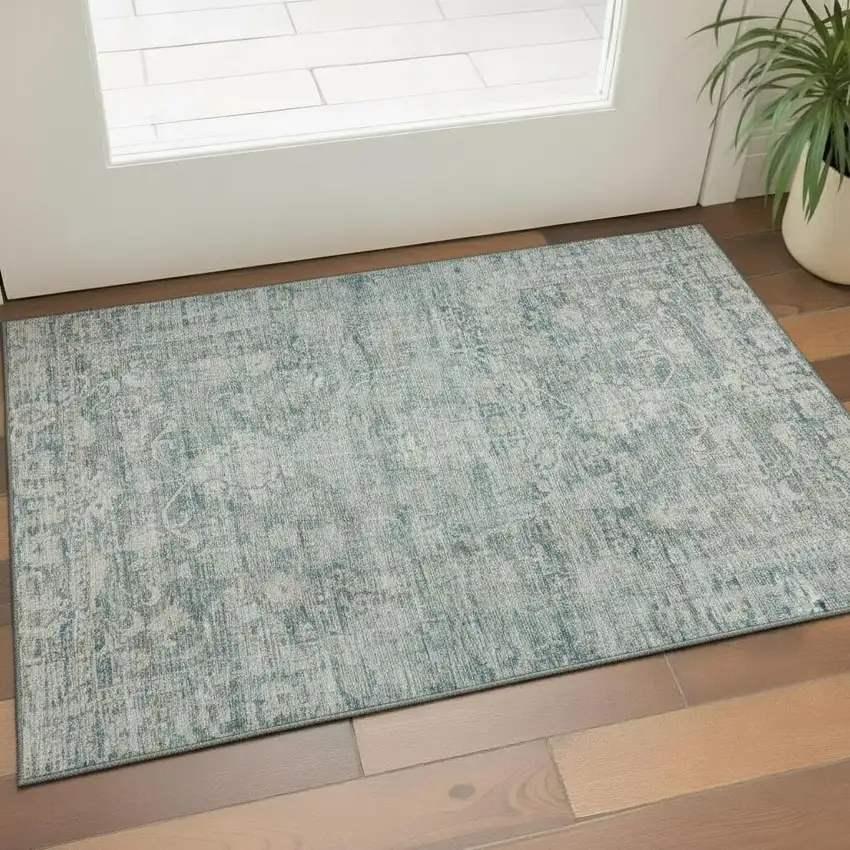 Teal And Beige Oriental Washable Area Rug With UV Protection Photo 2