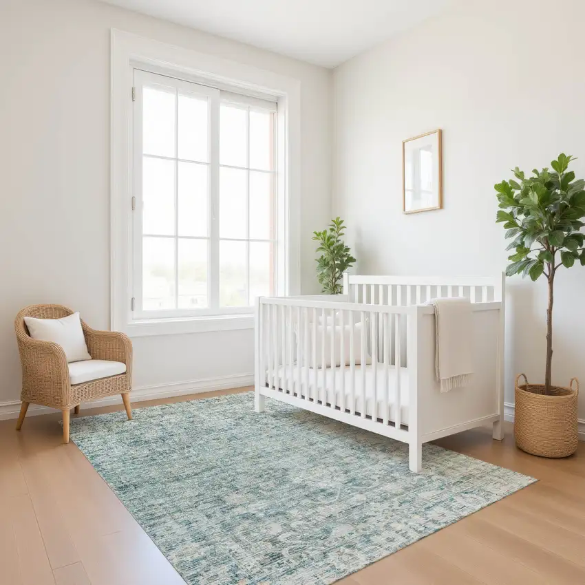 Teal And Beige Oriental Washable Area Rug With UV Protection Photo 5