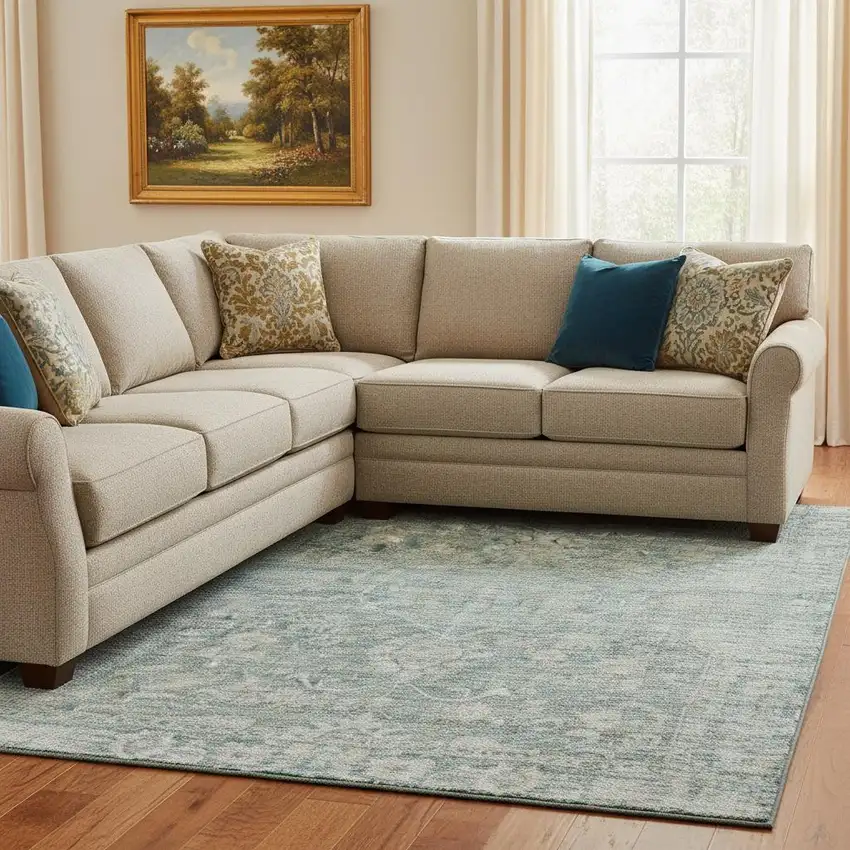 Teal And Beige Oriental Washable Area Rug With UV Protection Photo 2