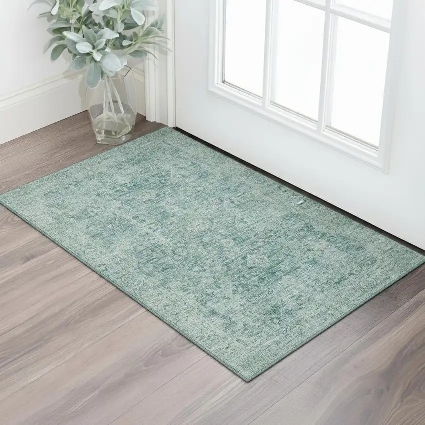 Teal And Beige Oriental Washable Area Rug With UV Protection Photo 2