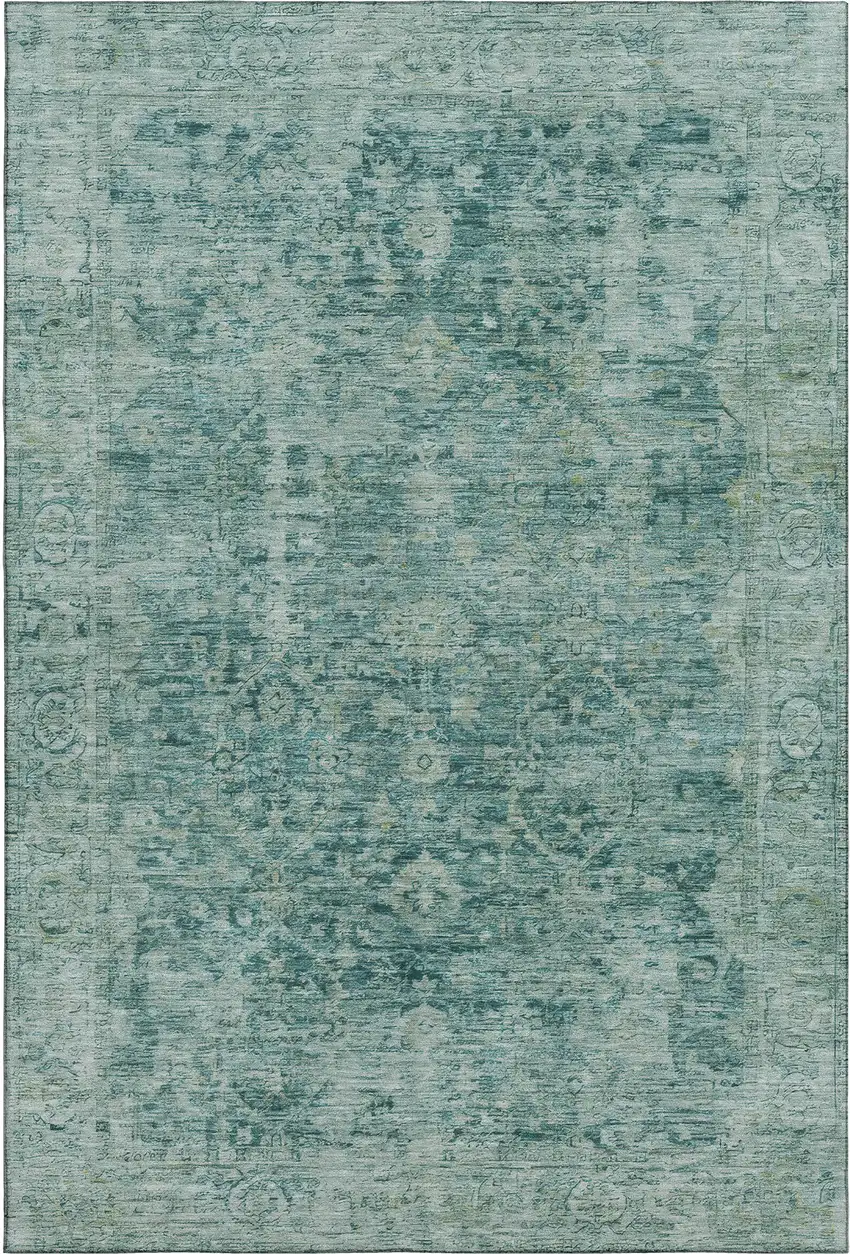 Teal And Beige Oriental Washable Area Rug With UV Protection Photo 1