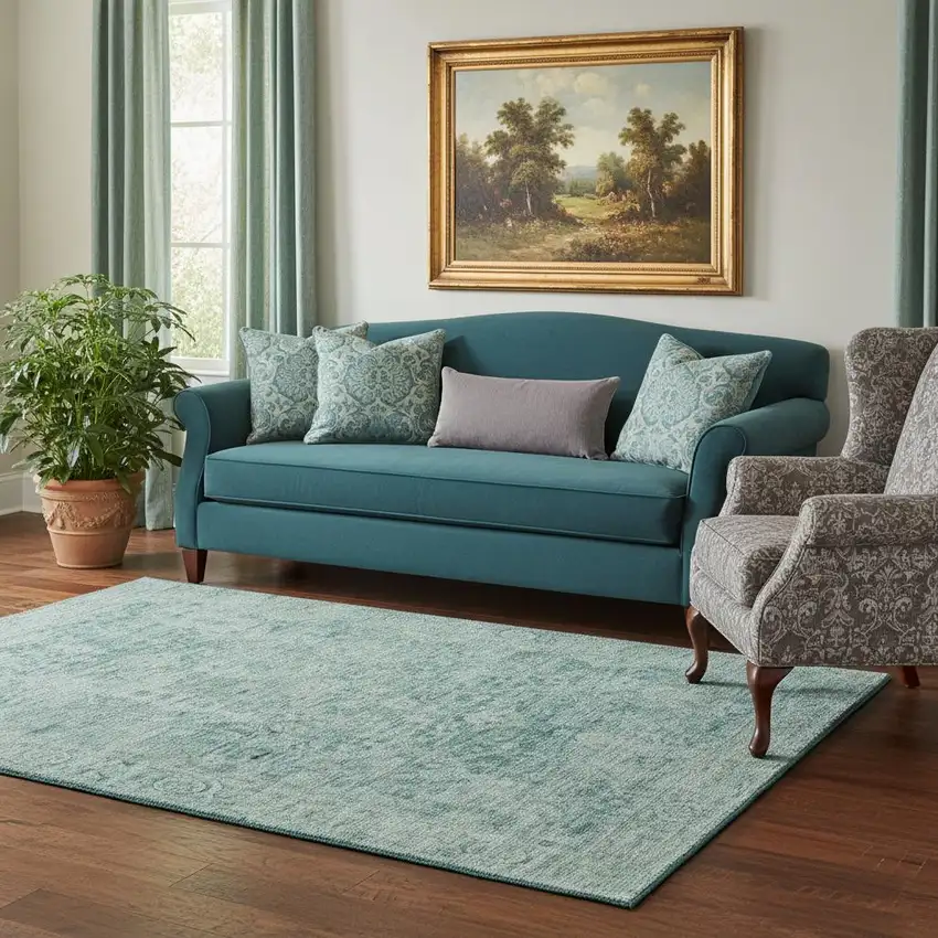 Teal And Beige Oriental Washable Area Rug With UV Protection Photo 2