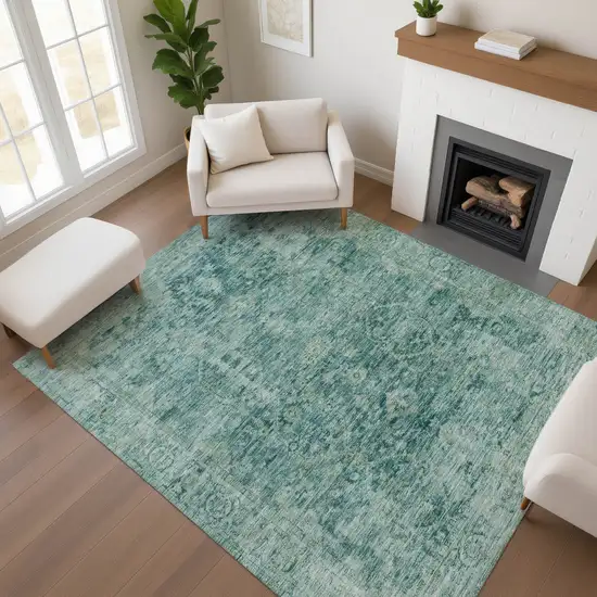 Teal And Beige Oriental Washable Area Rug With UV Protection Photo 4