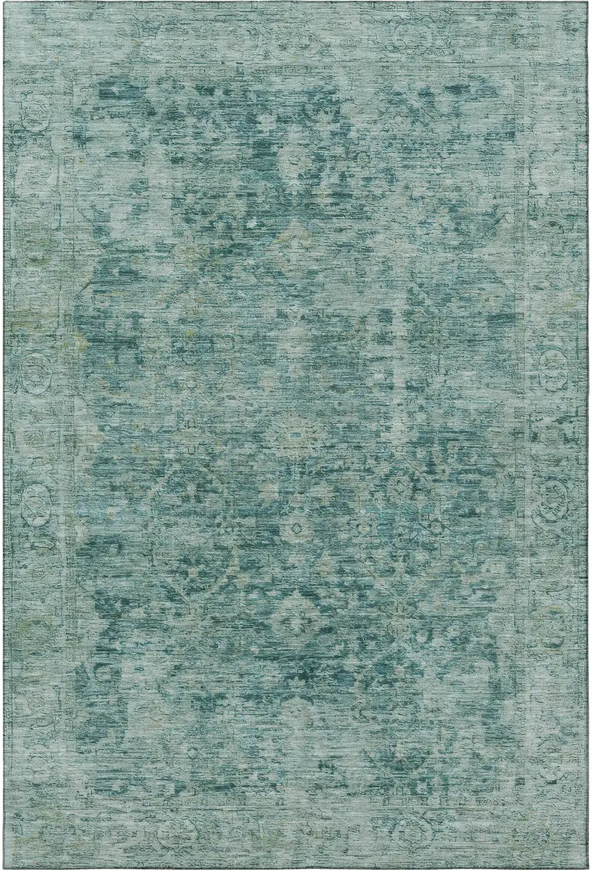 Teal And Beige Oriental Washable Area Rug With UV Protection Photo 2