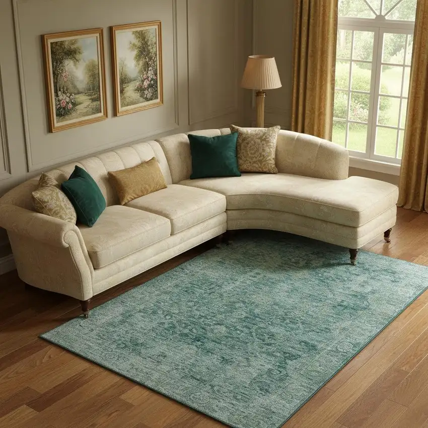 Teal And Beige Oriental Washable Area Rug With UV Protection Photo 2