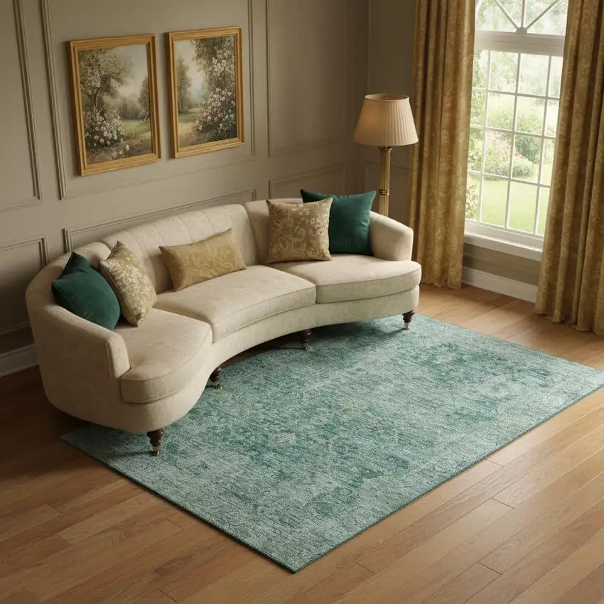 Teal And Beige Oriental Washable Area Rug With UV Protection Photo 2