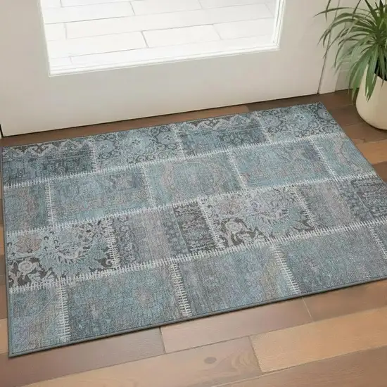 Teal And Beige Patchwork Washable Area Rug With UV Protection Photo 1