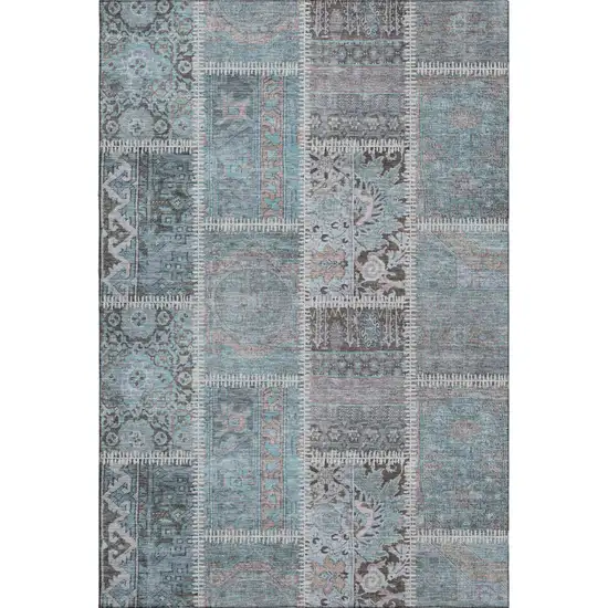 Teal And Beige Patchwork Washable Area Rug With UV Protection Photo 1