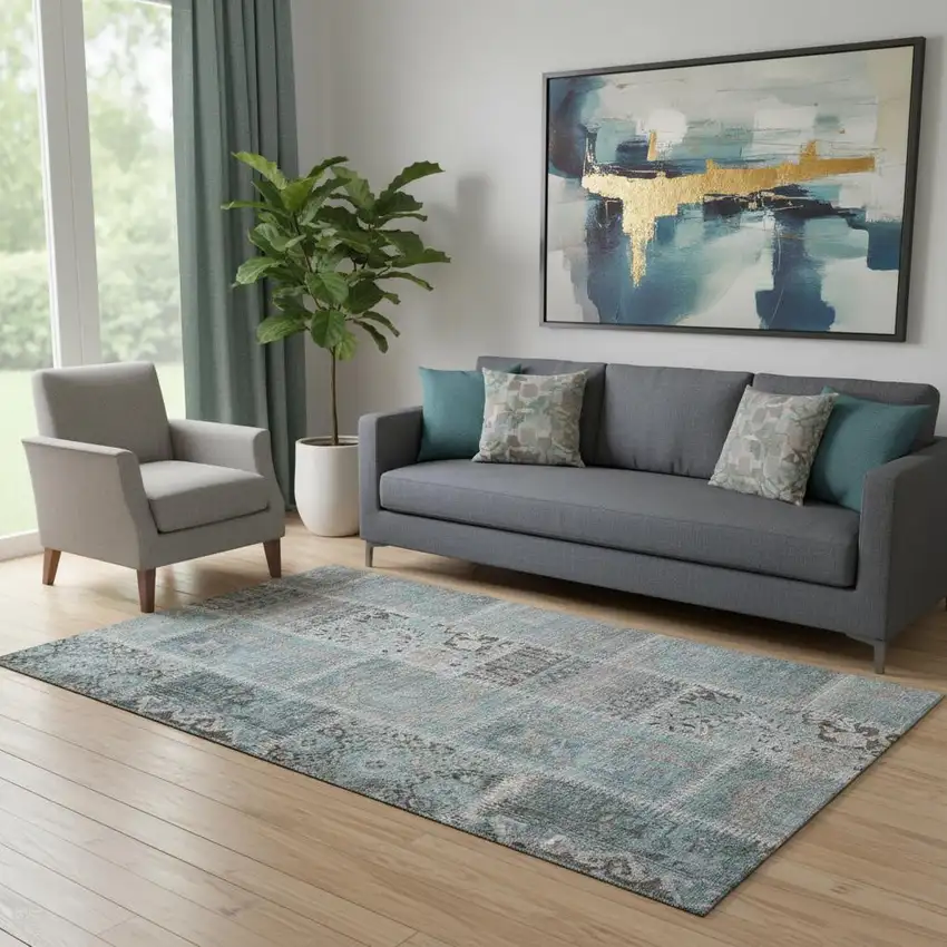 Teal And Beige Patchwork Washable Area Rug With UV Protection Photo 1