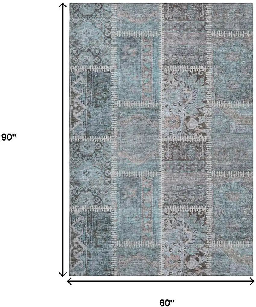 Teal And Beige Patchwork Washable Area Rug With UV Protection Photo 3
