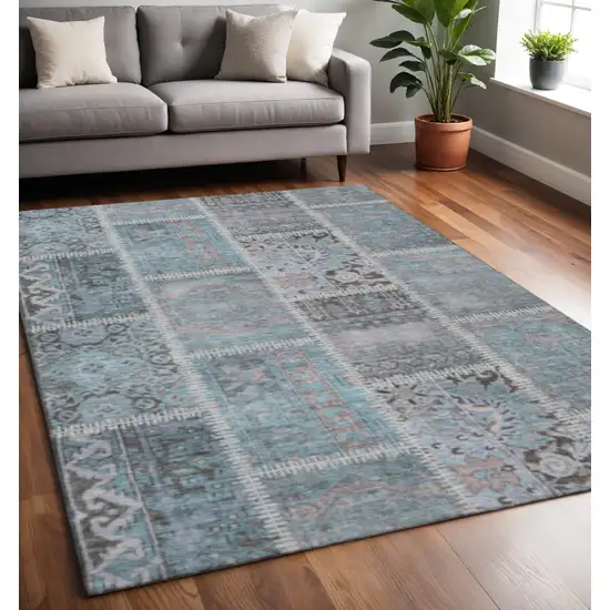 Teal And Beige Patchwork Washable Area Rug With UV Protection Photo 2