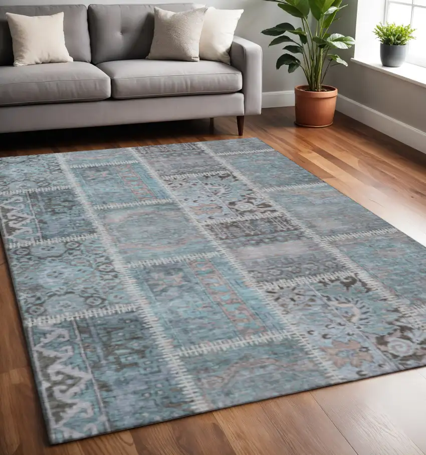 Teal And Beige Patchwork Washable Area Rug With UV Protection Photo 2