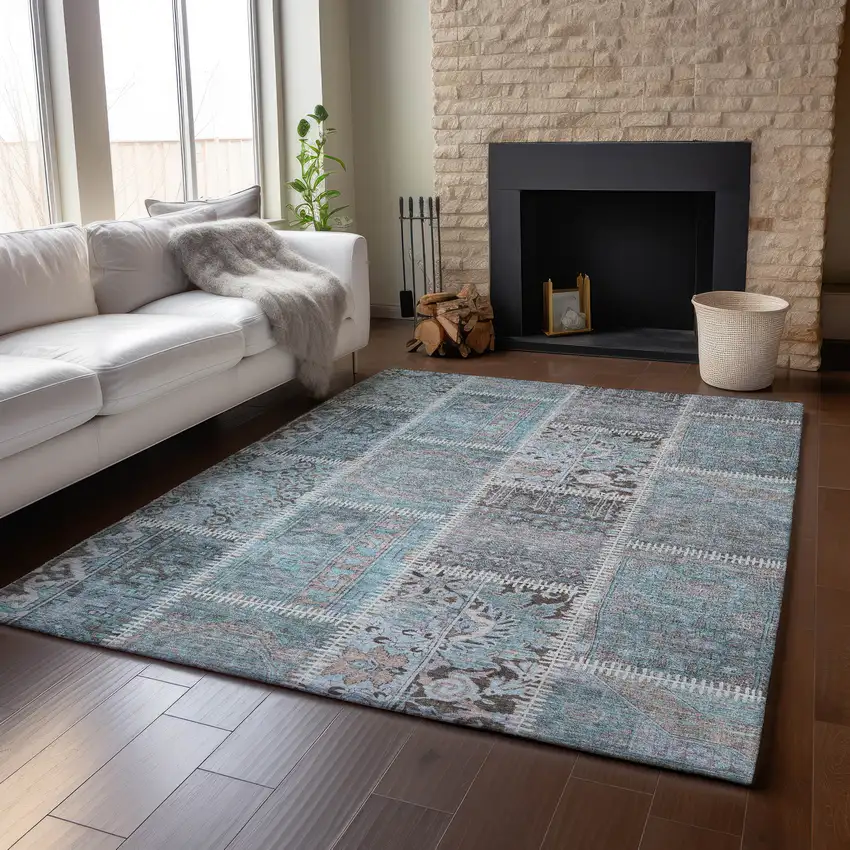 Teal And Beige Patchwork Washable Area Rug With UV Protection Photo 6