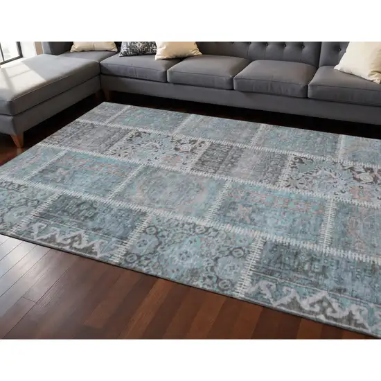 Teal And Beige Patchwork Washable Area Rug With UV Protection Photo 2