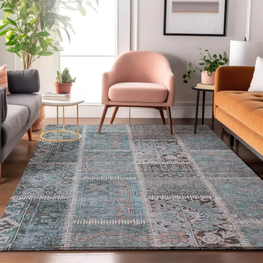 Teal And Beige Patchwork Washable Area Rug With UV Protection Photo 5