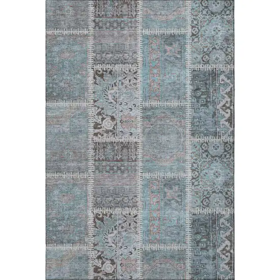 Teal And Beige Patchwork Washable Area Rug With UV Protection Photo 4