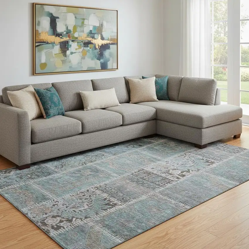 Teal And Beige Patchwork Washable Area Rug With UV Protection Photo 1
