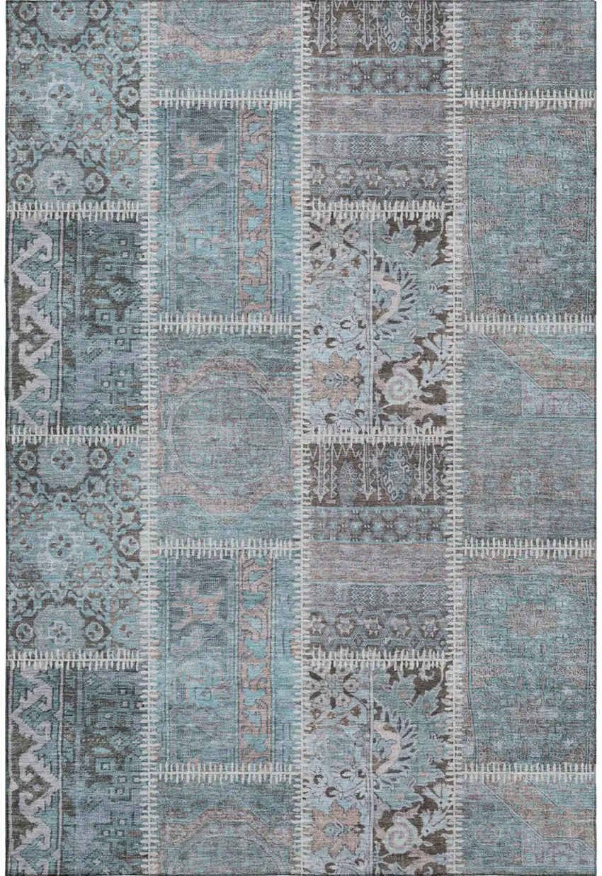 Teal And Beige Patchwork Washable Area Rug With UV Protection Photo 1