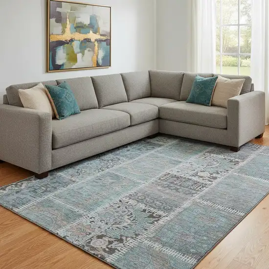Teal And Beige Patchwork Washable Area Rug With UV Protection Photo 1