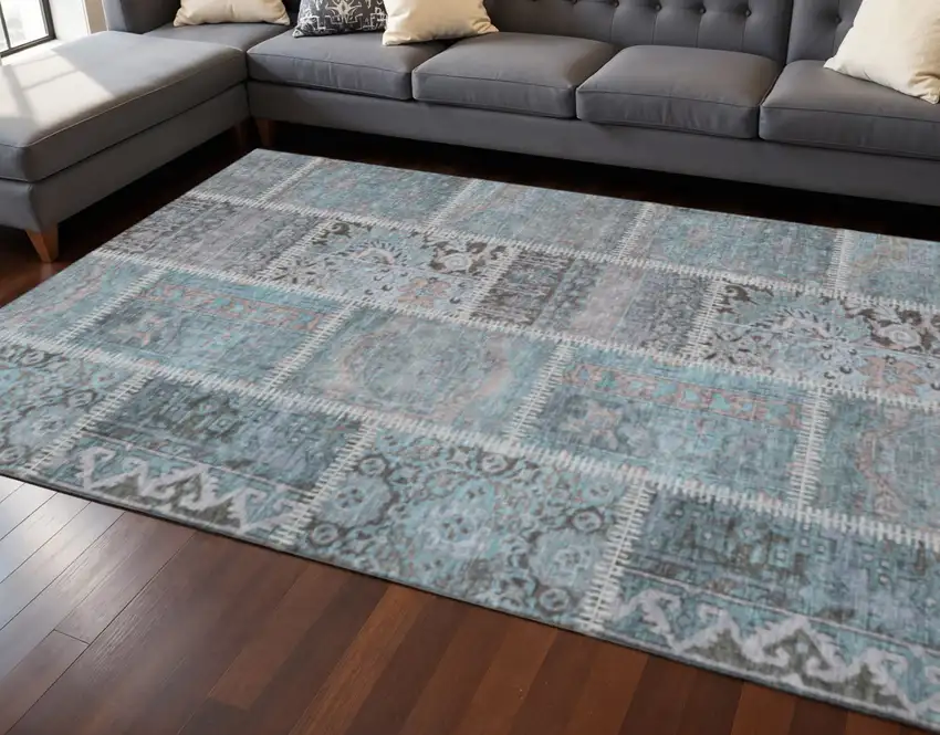 Teal And Beige Patchwork Washable Area Rug With UV Protection Photo 2