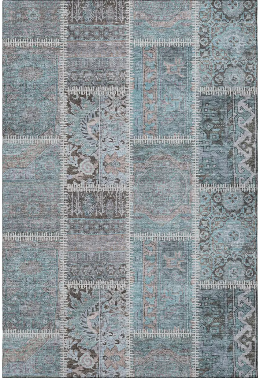 Teal And Beige Patchwork Washable Area Rug With UV Protection Photo 4