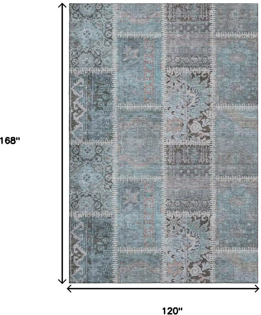 Teal And Beige Patchwork Washable Area Rug With UV Protection Photo 3